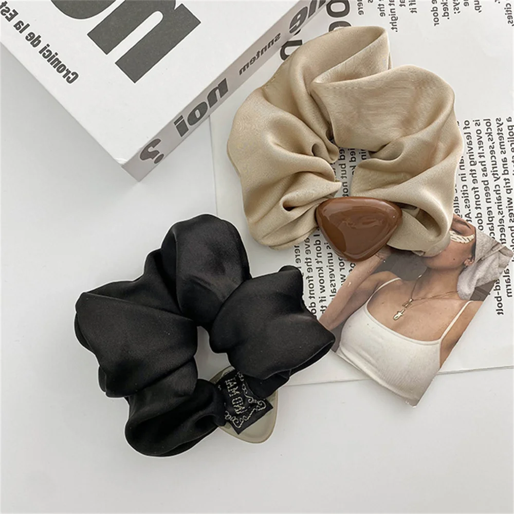 Elegant Soild Color Satin Hair Scrunchies With Triangle Gem Women Girls No Damage Soft Elastic Ponytail Holder Hair Ties