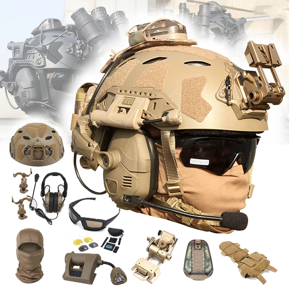 

Tactical Airsoft Helmet Set with Noise-Canceling Headset Flashlight Goggles Metal NVG Bracket Paintball Protection Helmet Equip