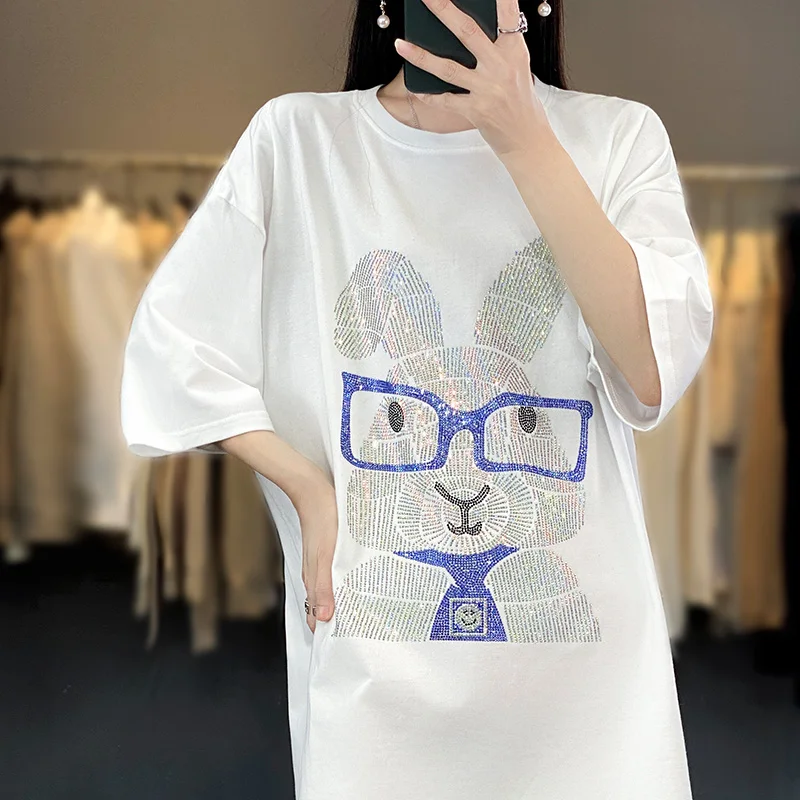 Summer Loose Hot Drilling Rabbit Short Sleeve T-shirt Women's Long Loose Large Cotton White Casual Round Neck Shirt