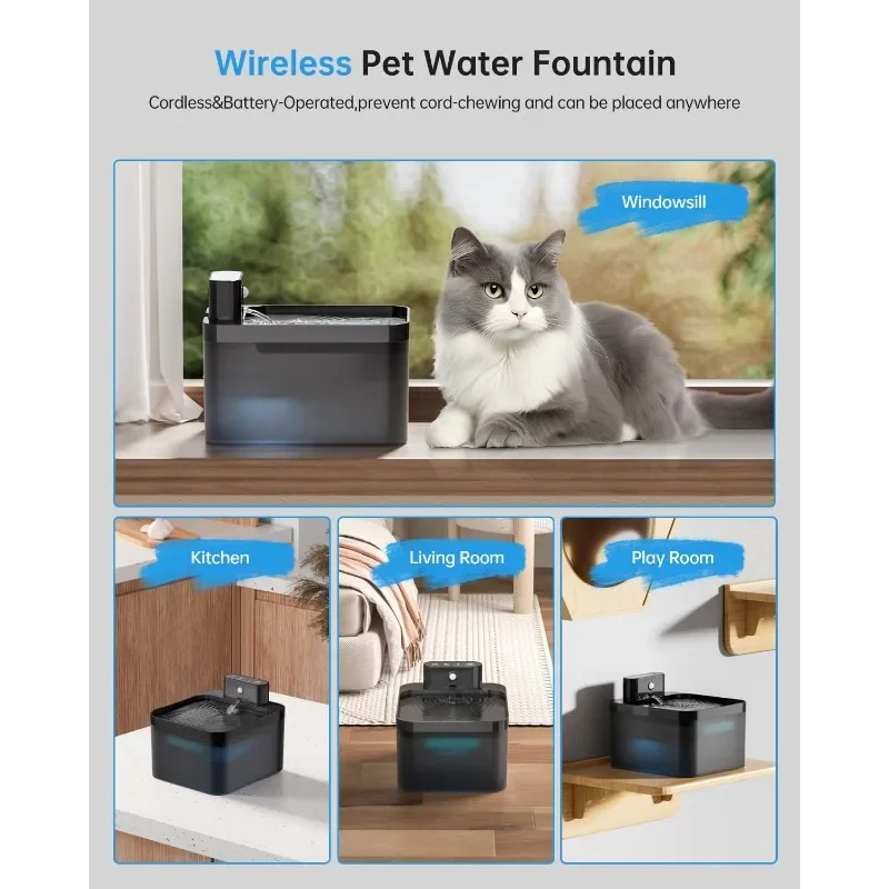 Wireless Pet Water Fountain for Cats Indoor, 74oz/2.2L Motion Sensor Automatic Cat Fountain with Smart Ultra Quiet 3 Flow Mode