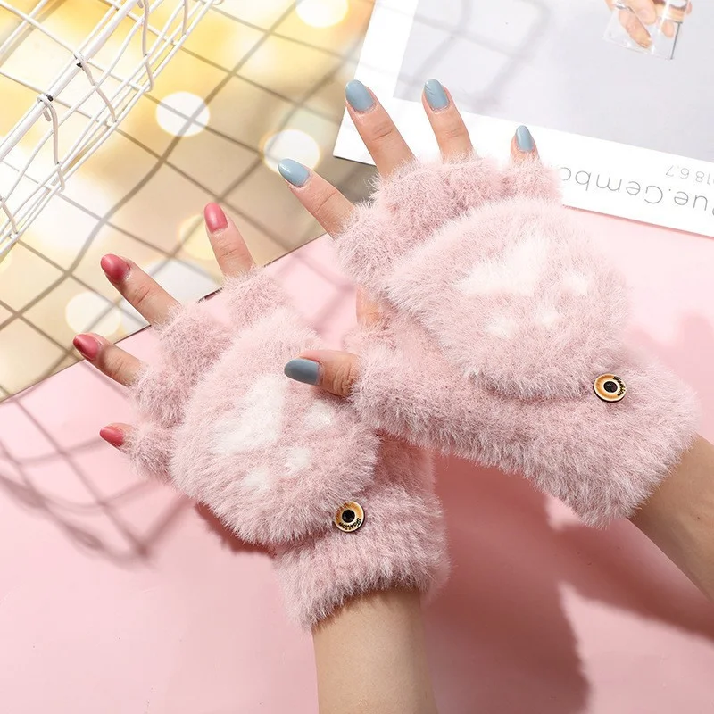 Cute Cat Claws Bear Paw Women Girls Lovely Warm Fingerless Gloves Winterproof Thicken Fluffy Half Finger Mittens Christmas Gift