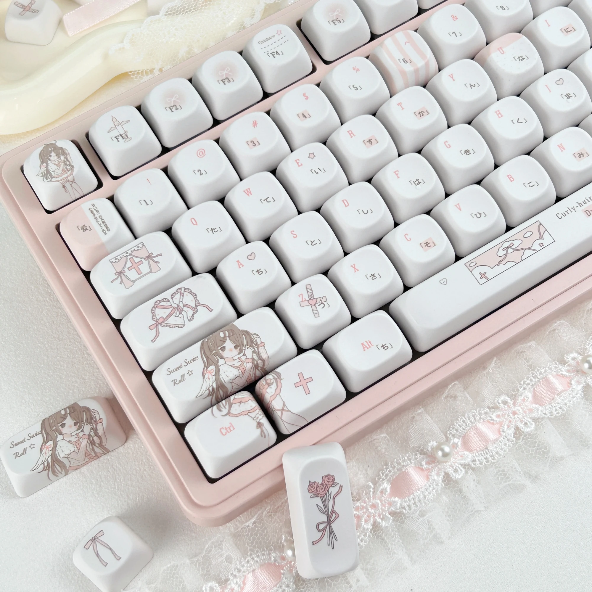 MAIMOOO Pink White Lolita Style Keycaps Russian Korean MOA Cherry Profile Cute Curly-Haired Angel Keycap for Mechanical Keyboard - view 2