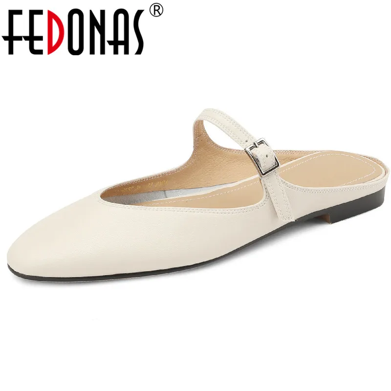 FEDONAS Summer Fashion Concise Women Sandals Flats Mules Genuine Leather Slippers Buckle Shoes Woman Comfort Casual Office Lady