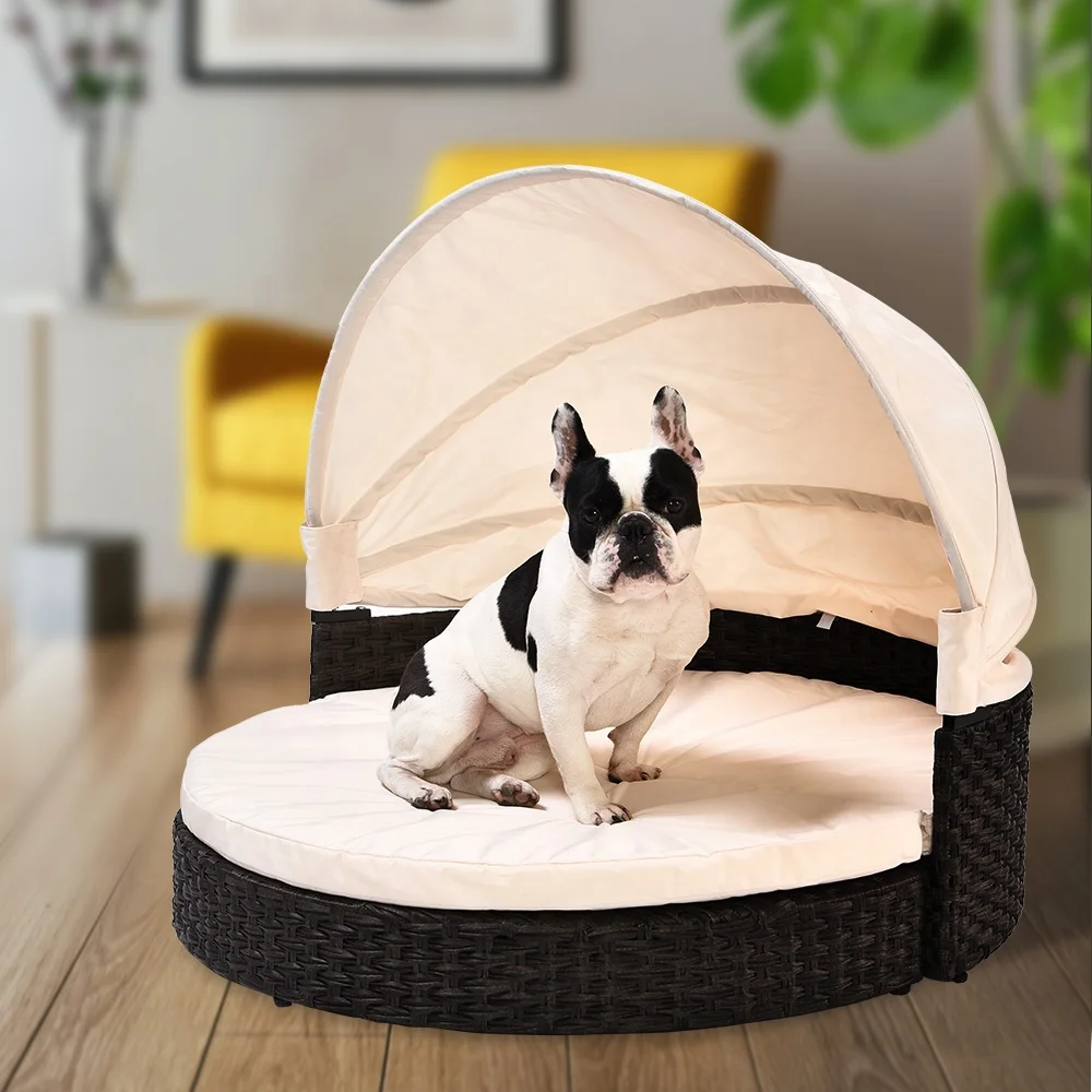 Indoor Outdoor Removable Sunshade Foldable Artificial PE Rattan Pet Dog Bed With Canopy