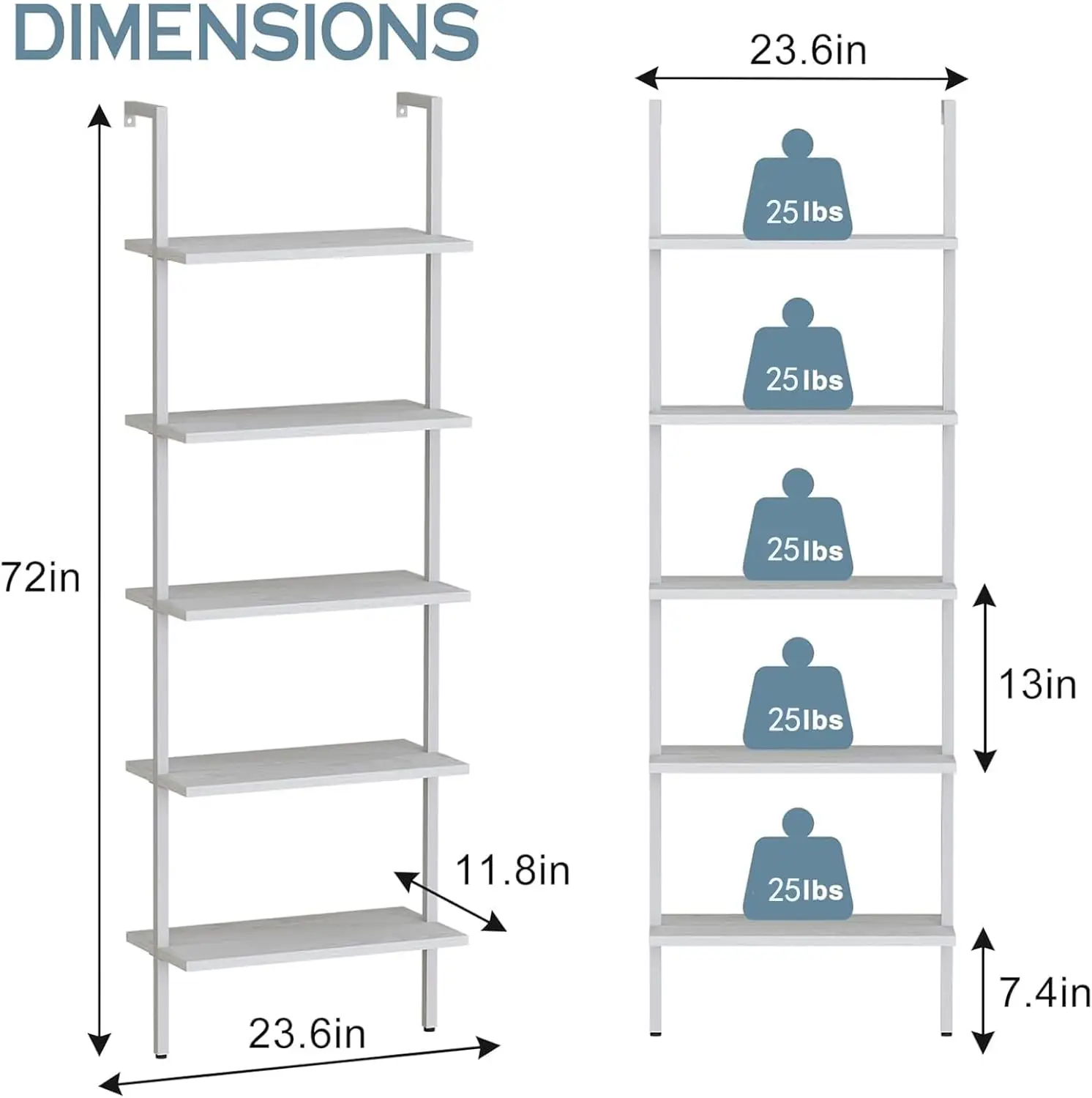 

Ladder Shelf 2 PCS White Bookshelf 5-Tier Wooden Open Shelf Wall-Mounted Wood Rack Industrial Modern Plant Flower Stand Utility