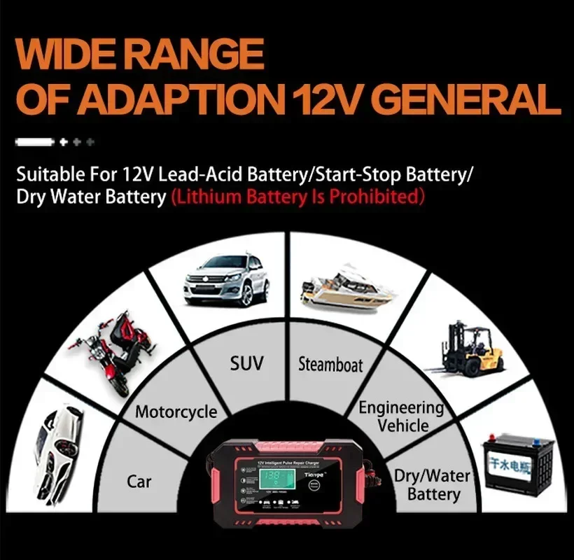 Home & Garden Battery Charger 12V 6A Pulse Repair LCD Display Smart Fast Charge AGM Deep Cycle GEL Lead-Acid Charger - view 6