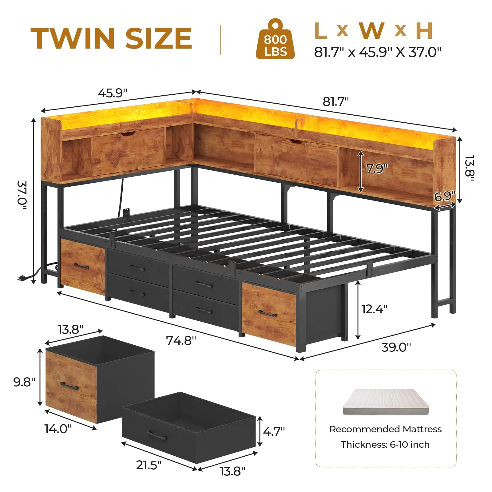 14 Inch Bed Fe with Storage boad & Bookcase & 6 Ders, Twin LED Daybed with Charging Station, Metal Platform Bed Twin