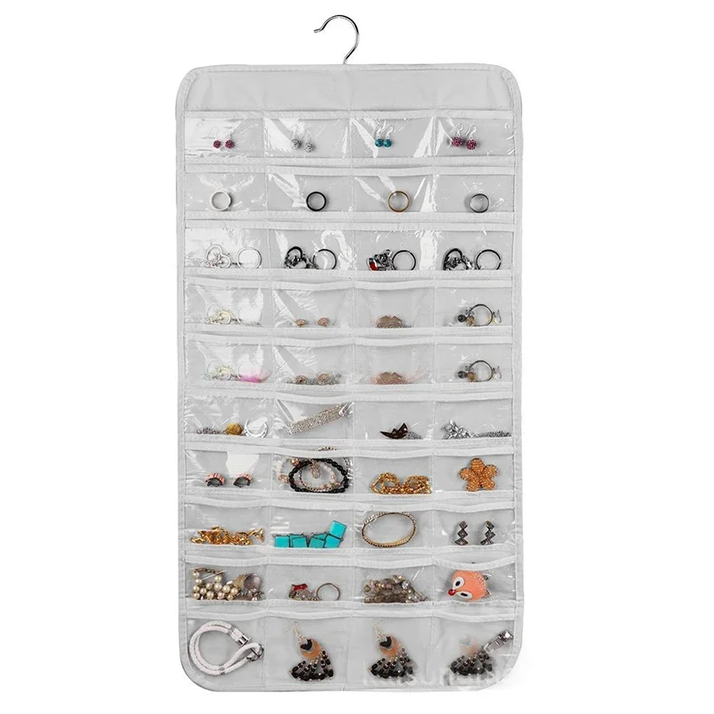 80 Girds Double-Sided Jewelry Hanging Bag Rings Earrings Bracelets Hair Accessories Storage Transparent Visible Dustproof Bag