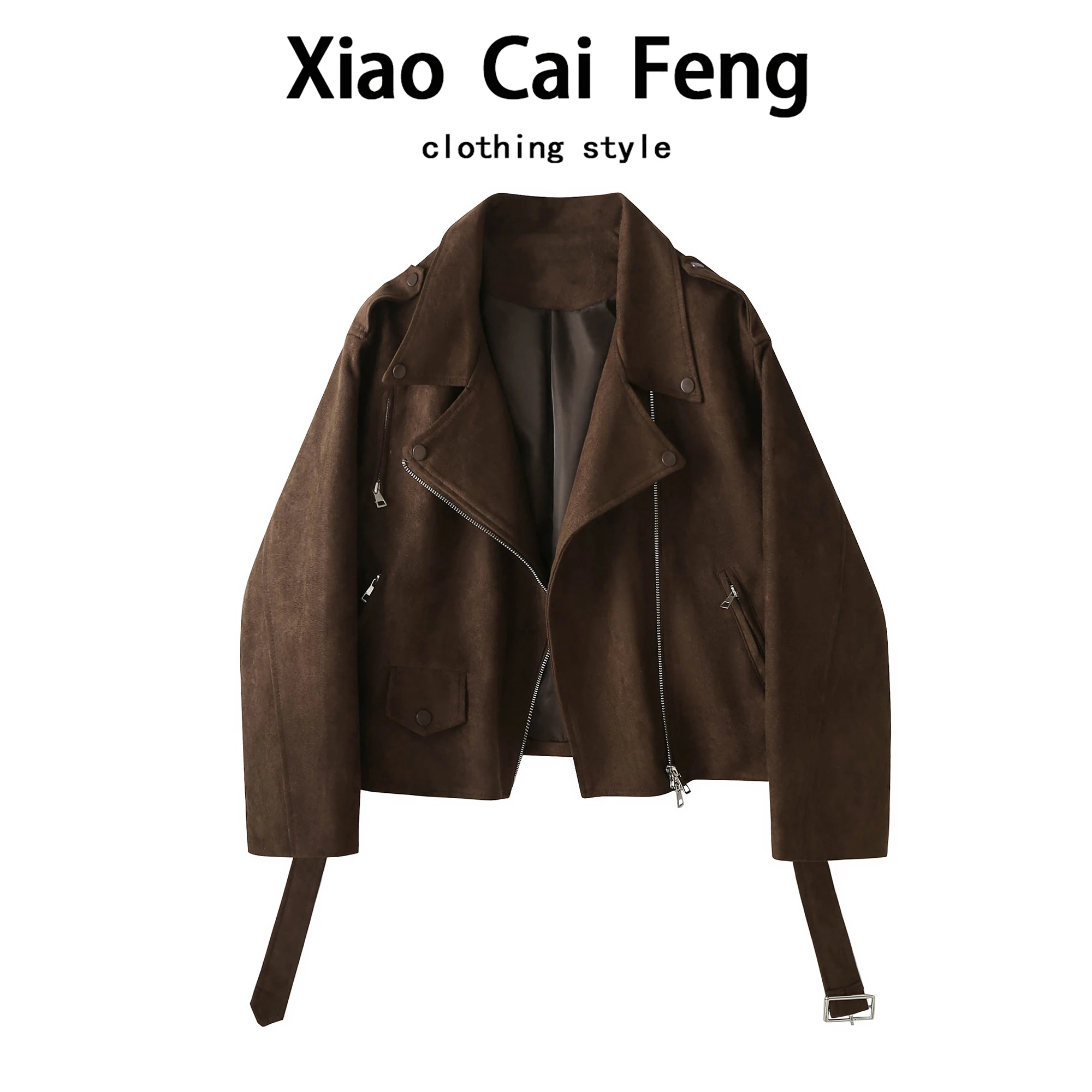 

Retro Sle Suede ort Jaet Women's Faionable Versatile Slimming Belted Motorcycle Jaet Trendy Autumn Outerwear