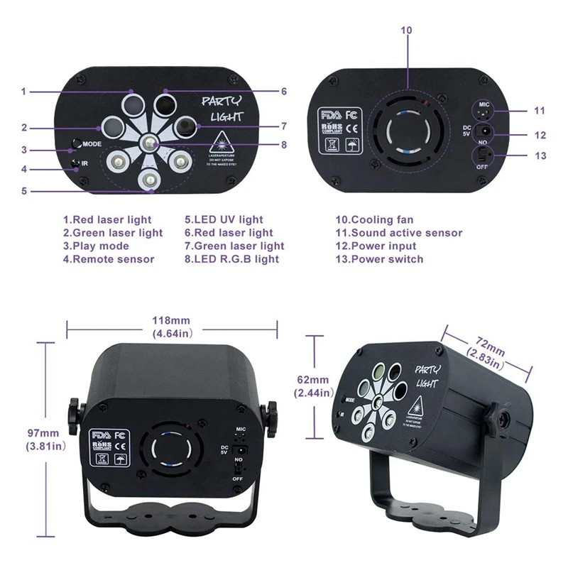 Remote USB Stage Lighting Effect 60 Patterns RGB UV LED 8-Hole Laser-Projector With Auto Sound Control