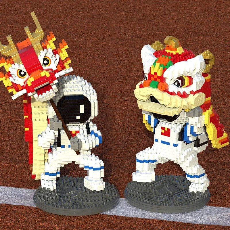 Building Blocks Astronaut Dragon And Lion Dance Chinese Traditional Culture Mini Model Micro Bricks Toy For Kids Gift 14+y