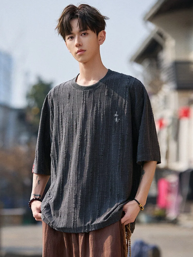 

Мужская футболка из ледяного шелка с коротким рукавом, тонкая, летняя, модная, в стиле ретро, с вышивкой, текстурой и вертикальными полосками, в китайском стиле, свободного кроя