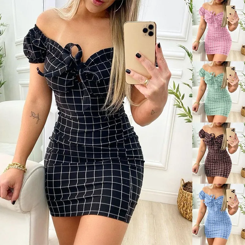 

2024 Spring Summer New Fashion Women Plaid Print Shoulder Leak Dress Sexy Ladies Package Hip Short Dresses Female Clothing