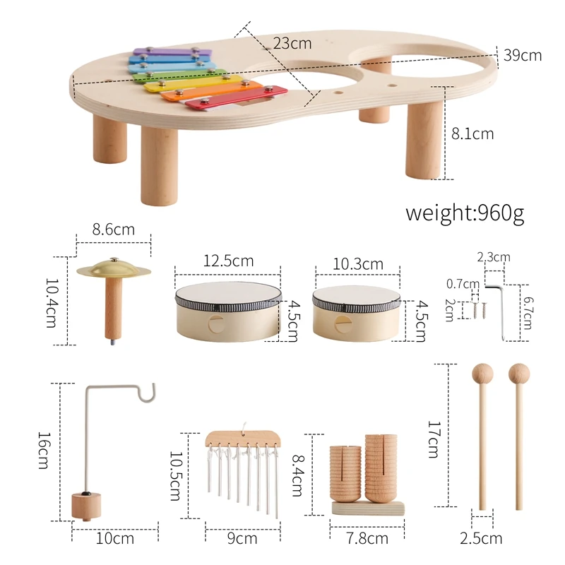 Baby Houten Muziekinstrumenten Set Wind Gong Bells Rammelaar Drum Montessori Educatief Speelgoed Voor Kinderen Houten Muziekinstrumenten