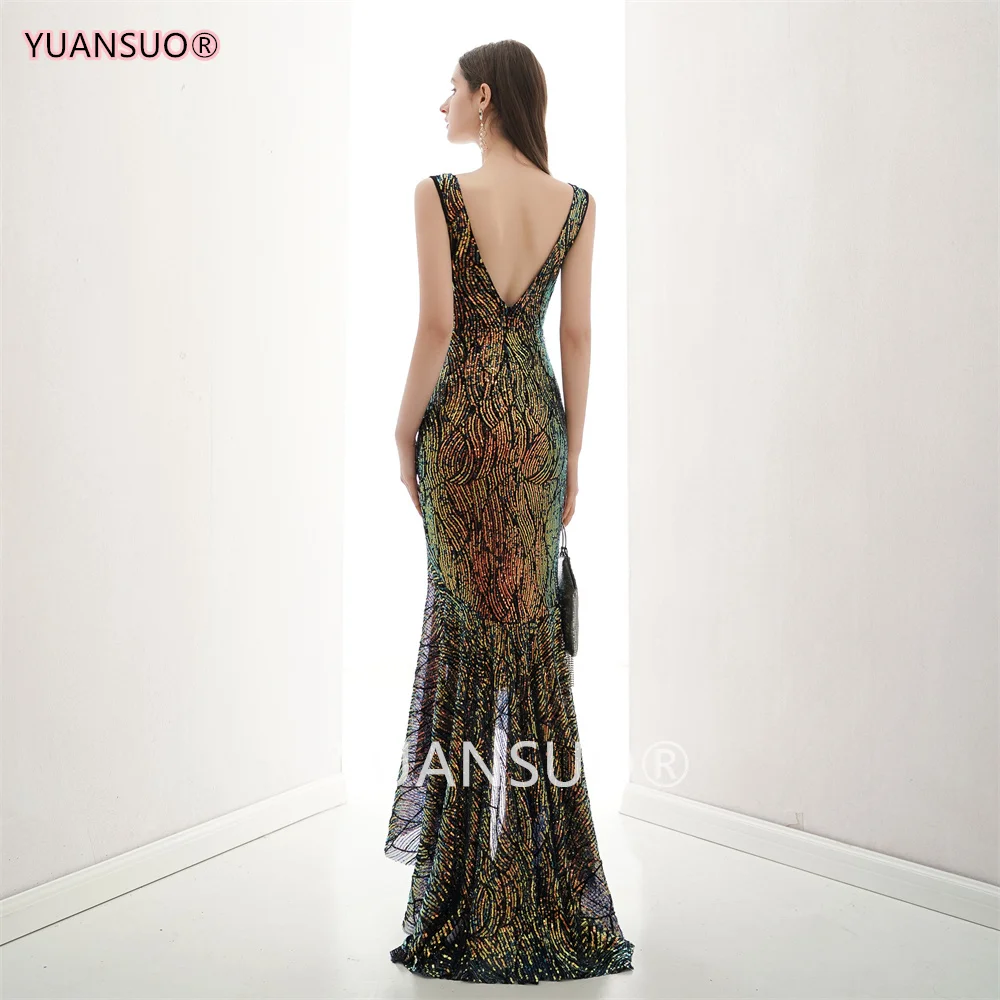 Color Gol High-Low Prom Dress Lace Tank V-Neck Backless Sequin Mermaid Formal Evening Gown Short Front Long Back