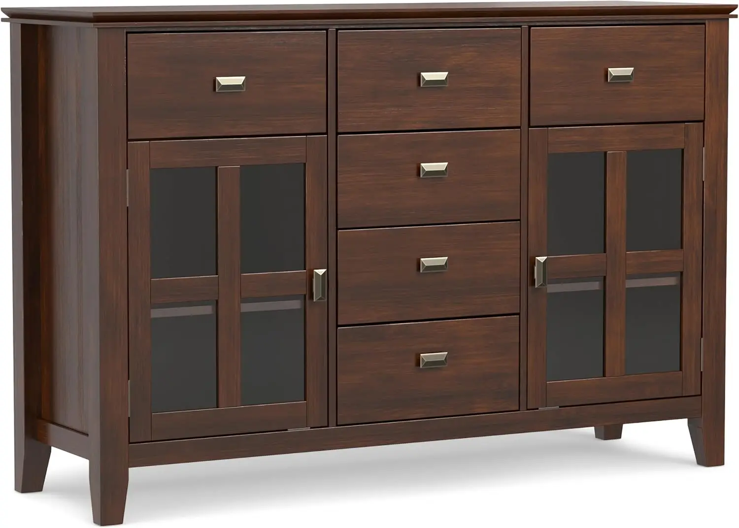 Solid Pine Wood 54 Inch Contemporary Sideboard Buffet Credenza in Russet Brown Features 2 Doors 6 Drawers and 2 Cabinets