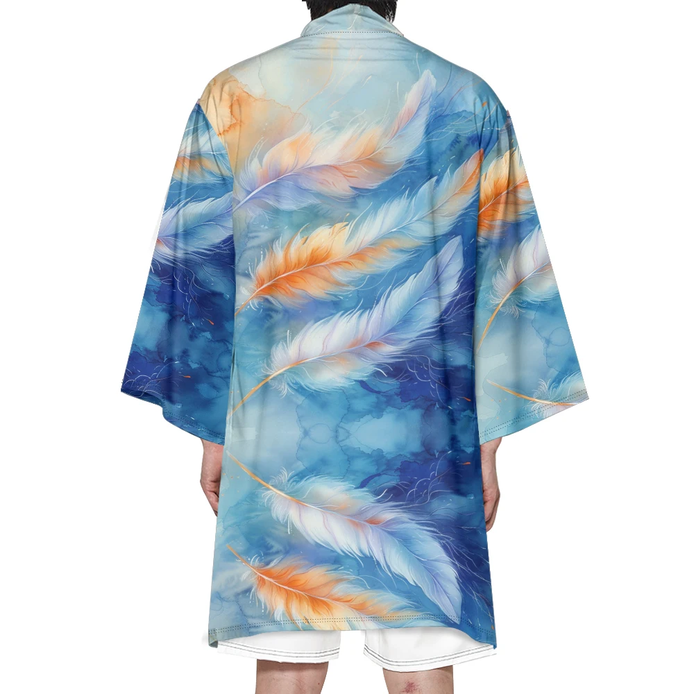 Autumn Samurai Kimono Cosplay Japanese Fashion Stylish Haori Fresh Kimono Men Vintage Cardigan Feather Print Robe Trend Yukata