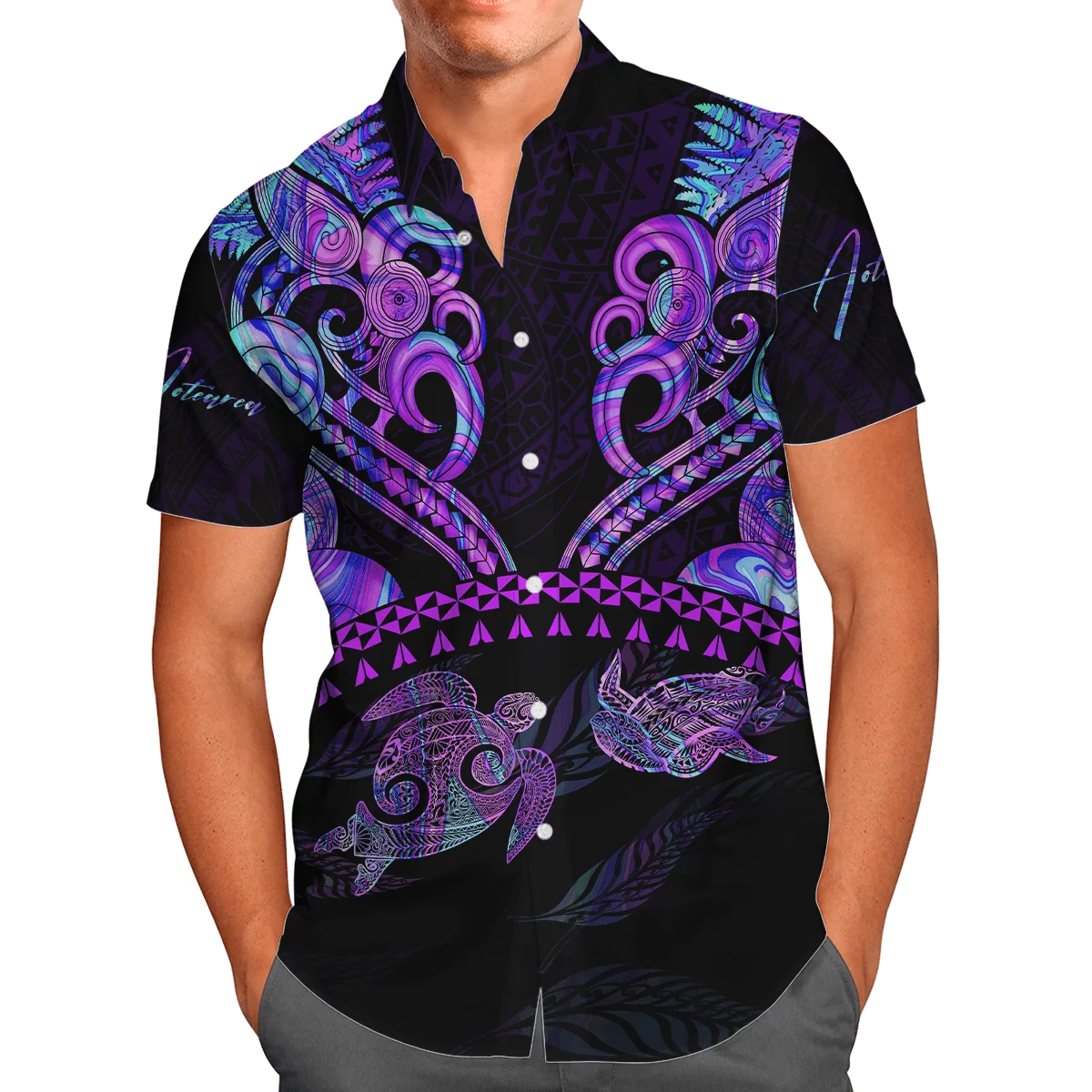 Aotearoa Purple Turtle Couple Maori Fern 3D Beach Hawaiian Shirts Short Sleeve Shirt Men Shirt 2023 Oversized 5XL Chemise Homme