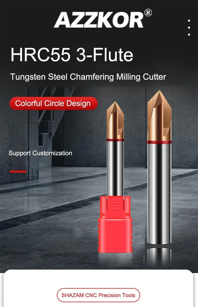 AZZKOR HRC55 60 ° 90 ° 120 ° 3-Klingen-Fräser mit gerader Nut und Fasenfräse aus Wolframstahl-Hartmetall für CNC-Bearbeitungswerkzeuge – Detail 1