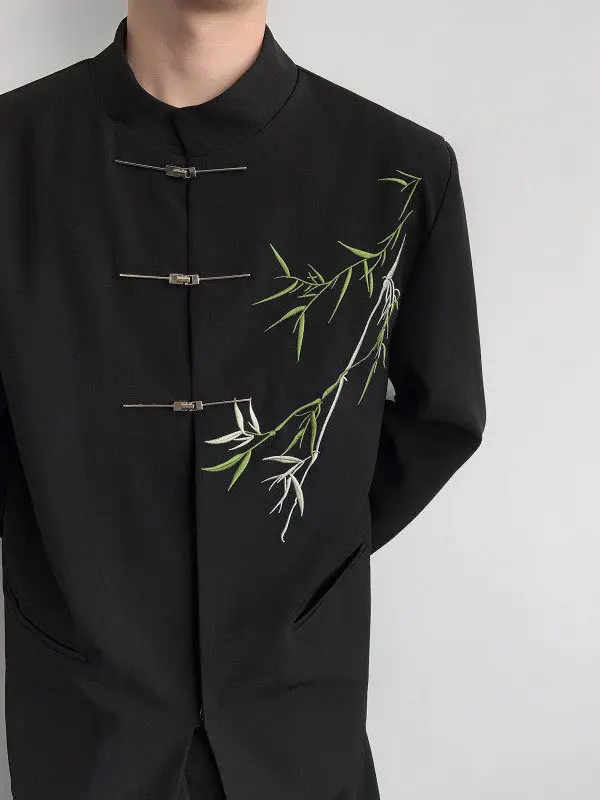 

Мужской костюм из бамбука с вышивкой, на металлических пуговицах, для свадебной церемонии, модный, в западном стиле, весенняя коллекция