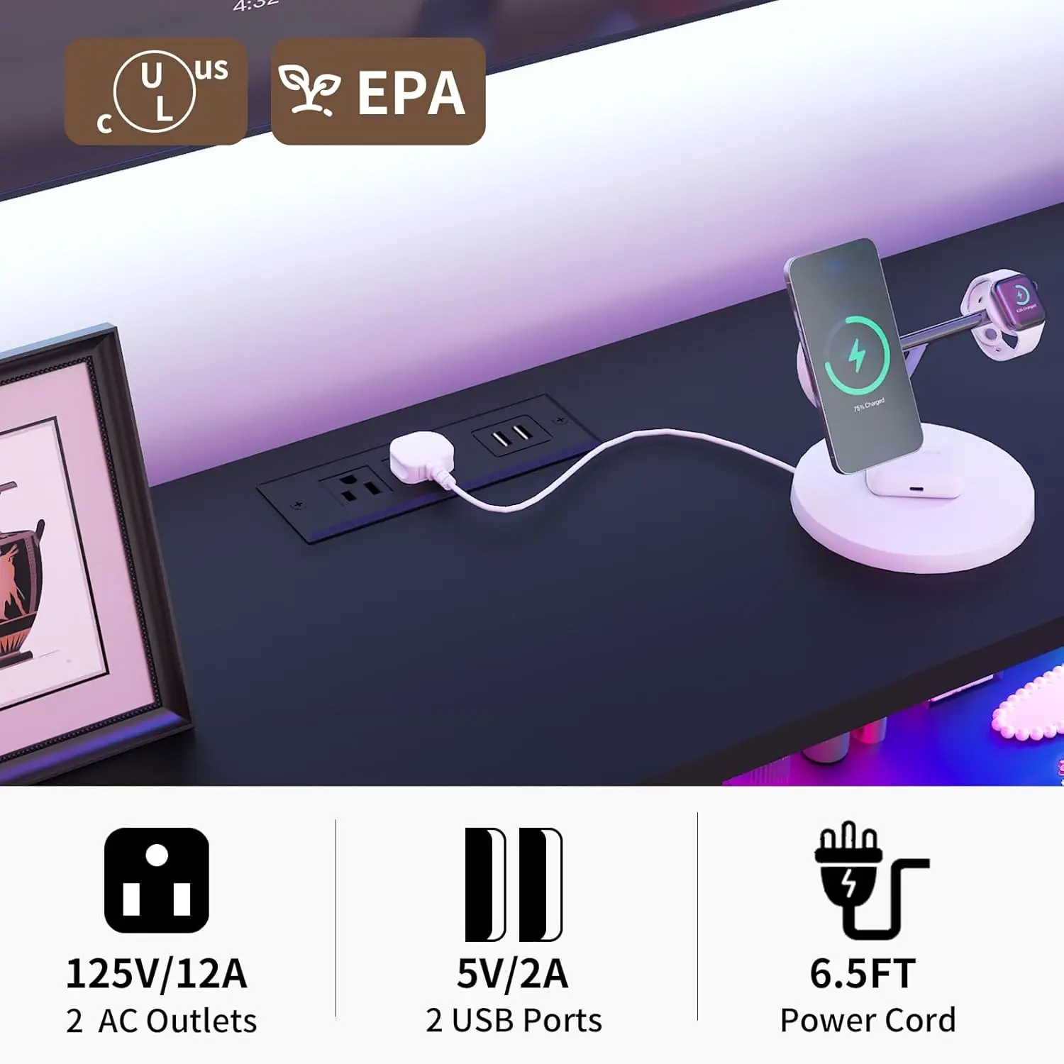 Para quarto, cômoda de tecido preto com luzes LED e estação de carregamento, cômoda com 6 gavetas longas, cômoda alta e larga