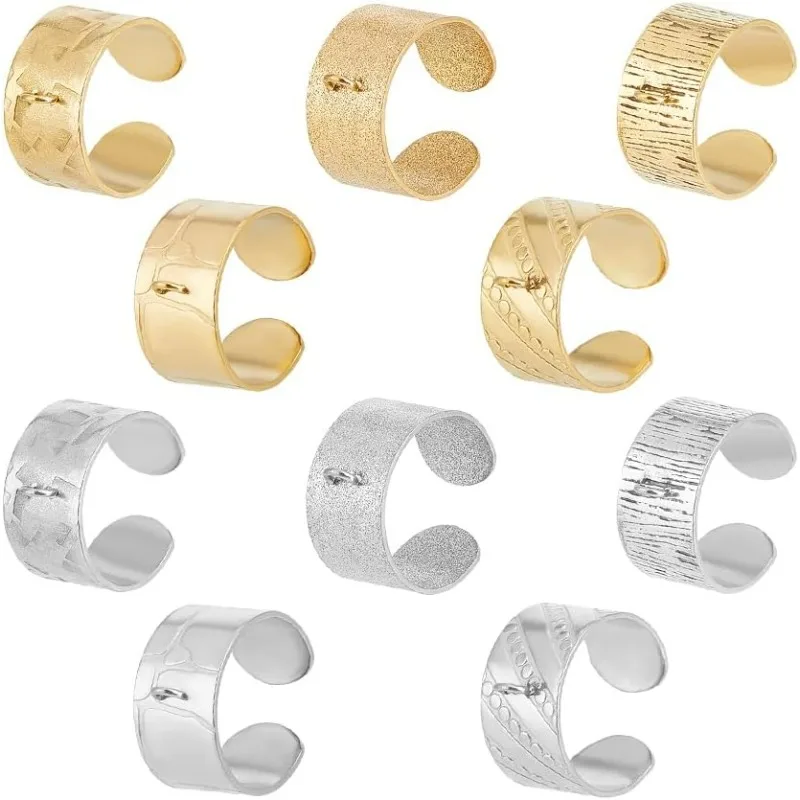 

10Pcs 2 Colors 5 Styles Stainless Steel Ring Open Cuff Rings 17.3mm Adjustable Women Textured with Loop Finger