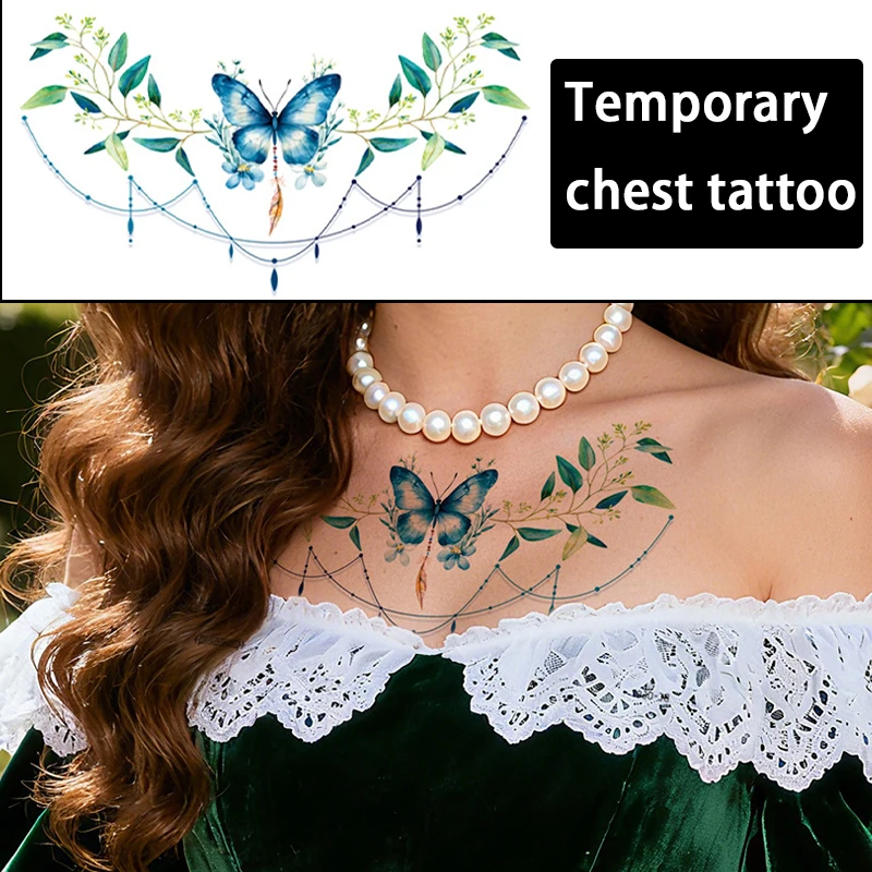 Großes temporäres Körperkunst-Tattoo, sexy Brust, bunte Blumen- und Schmetterlingsaufkleber, wasserfestes Fake-Tattoo zur Abdeckung von Narben.