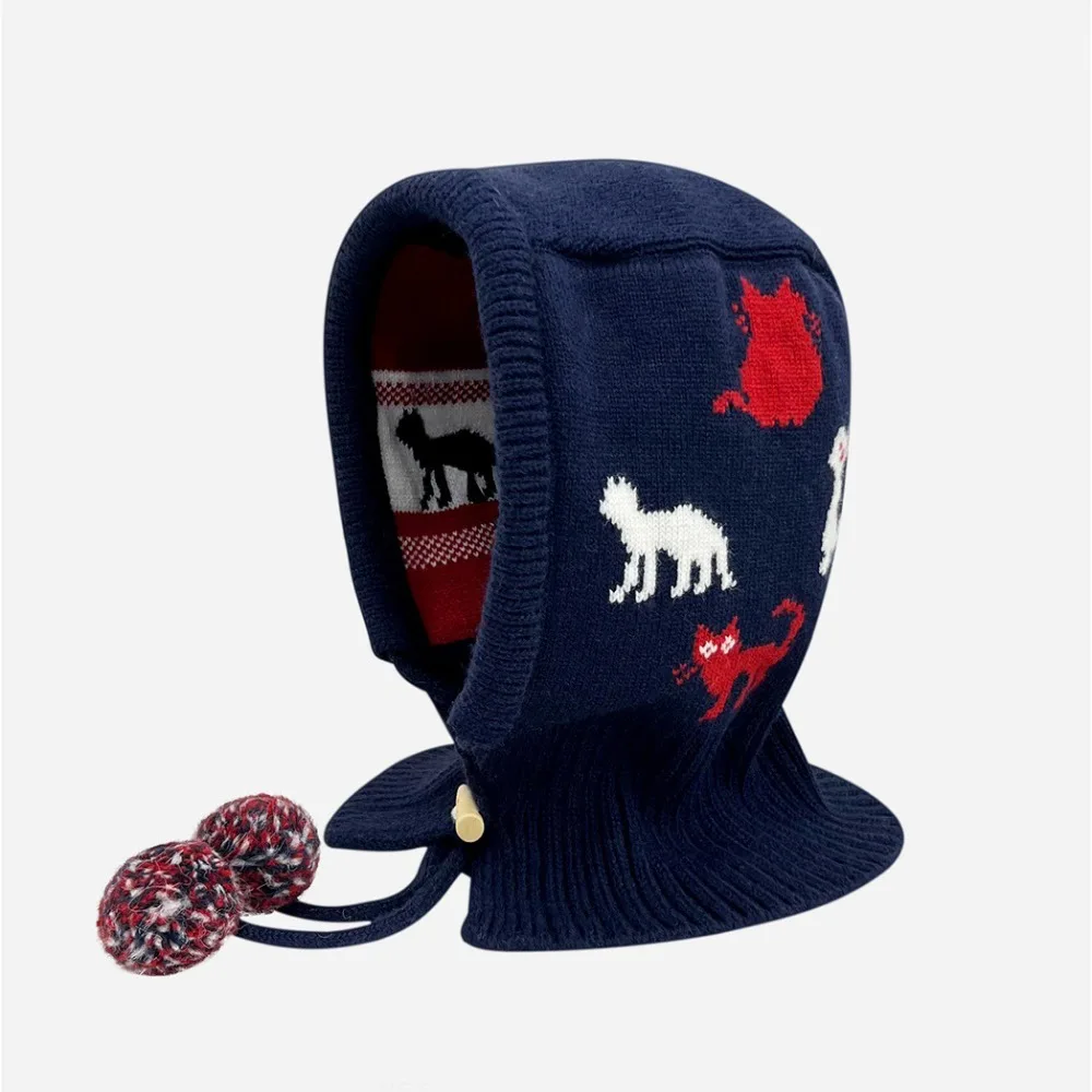 

Cute Pullover Hat Jacquard Balaclava Hat Red Horn Button Cat Pattern Knitted Hat Beanie Simple Ear Protection Hat Outdoor