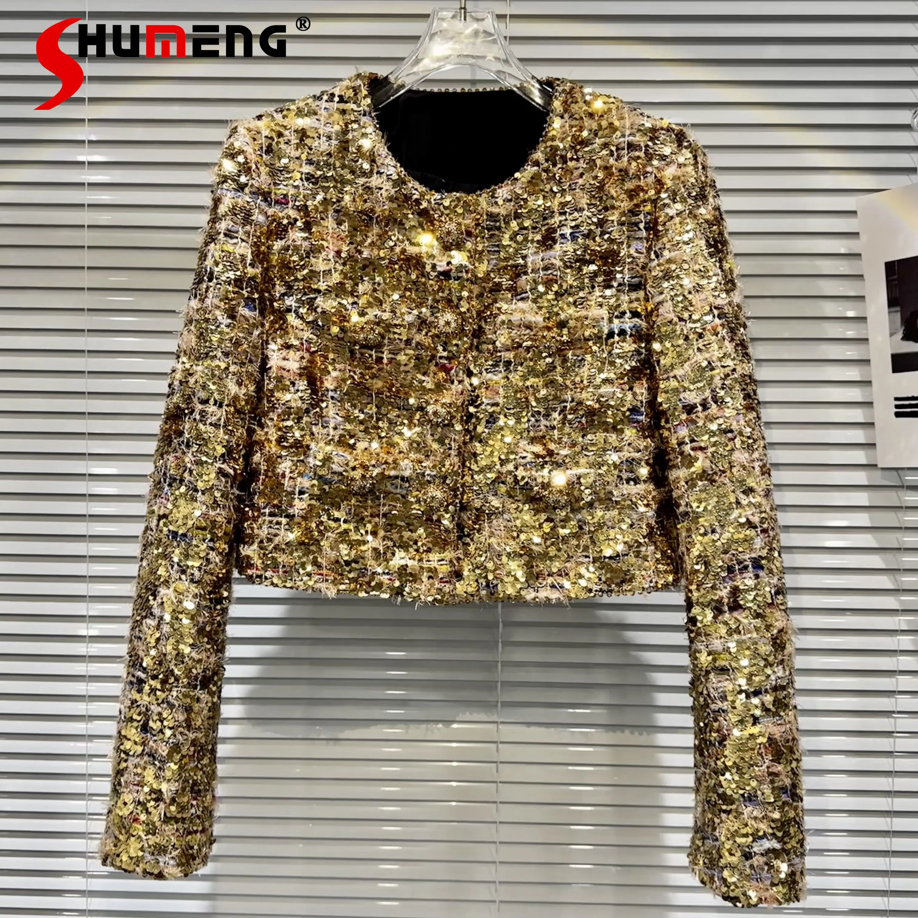 

2023 Autumn Gold Sequins Chic Coat for Women New Heavy Industry Light Luxury Gold Sequined Tweed Short Coats Ladies Jacket