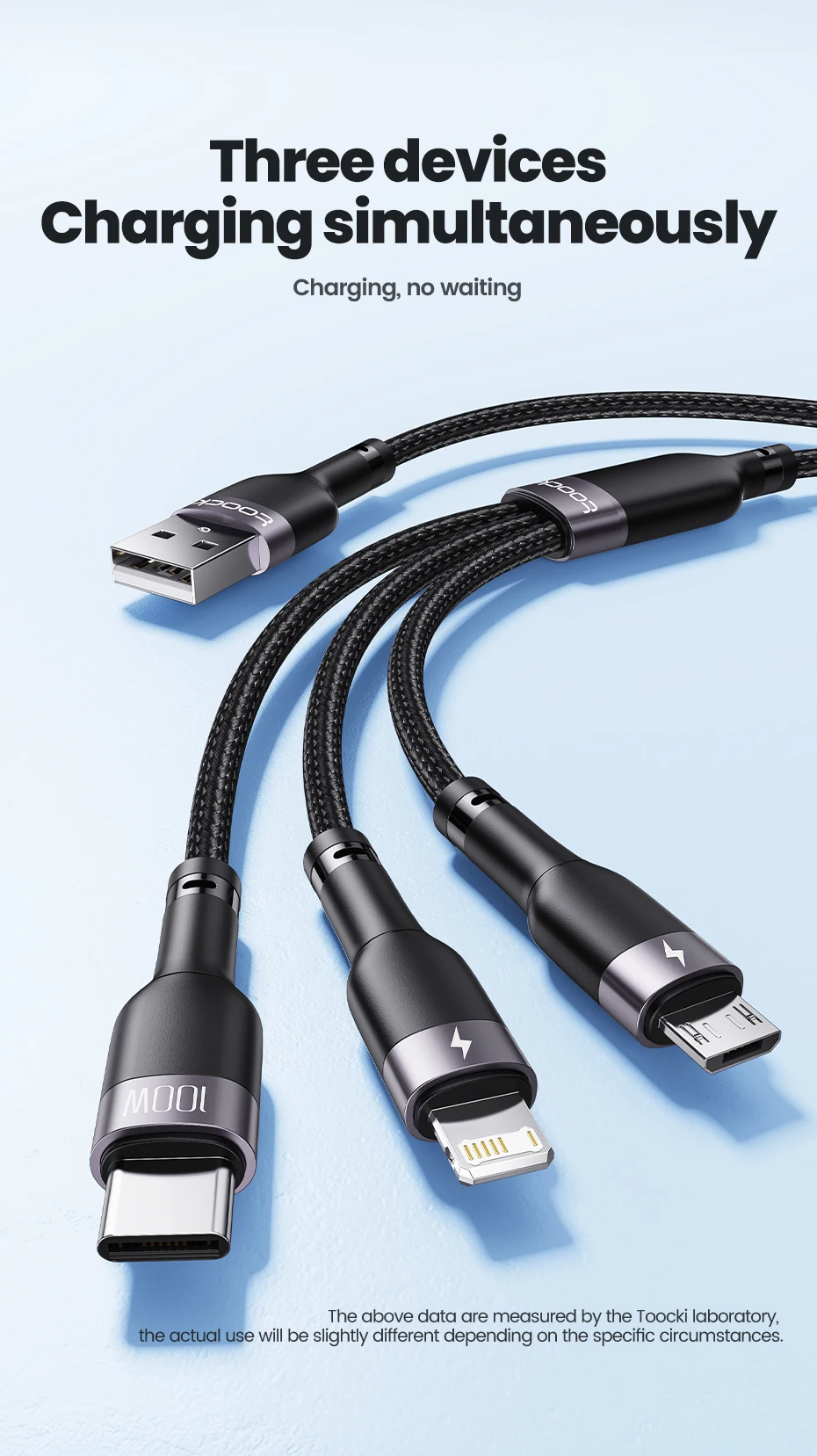 Toocki 3 in 1 USB Cable 6A 100W Micro USB Type C Charging Cable For iPhone 14 13 12 Huawei Honor Xiaomi 13 ViVo Oppo Data Cord