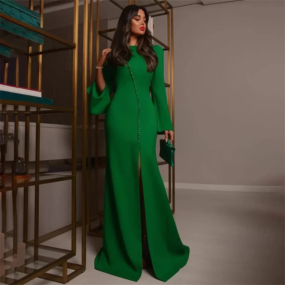 

Tarot Emerald Green Long Sleeves Prom Dresses Dubai Satin Side Split Button Evening Gowns Floor-Length Elegant robes de soirée