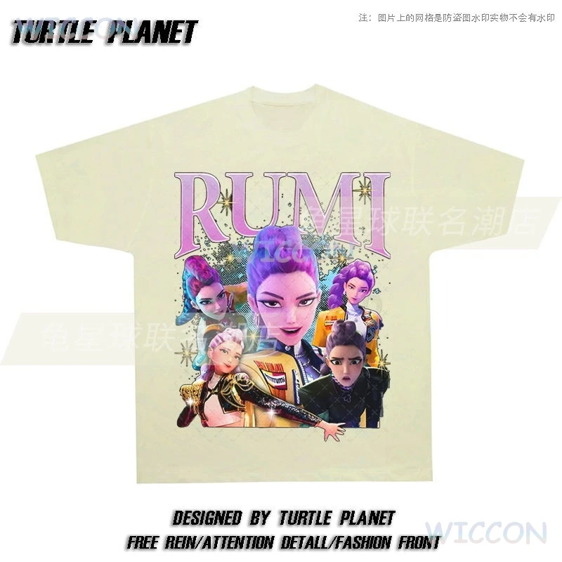 Anime K-Pop Demon Hunters Rumi Cosplay Oversize Washed T-shirt Women Men Vintage O-Neck Short Sleeve T-Shirt