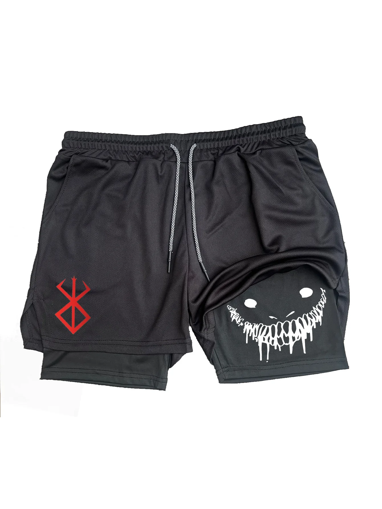 

Новинка 2023 года, мужские двухслойные шорты для фитнеса и тренировок с принтом дьявола, летние быстросохнущие дышащие шорты «два в одном», тренажерный зал, пляжный бег