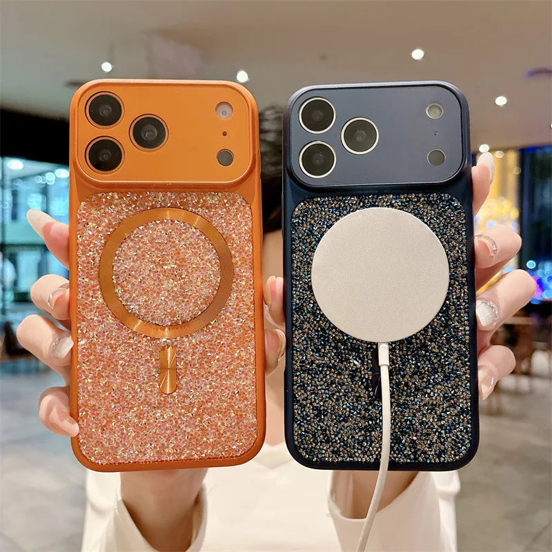 Luxuriöse, einfarbige, glitzernde, glänzende Diamant-Magnet-Handyhülle für iPhone 16, 15, 14, 13, Pro Max, kabelloses Laden, stoßfeste Abdeckung