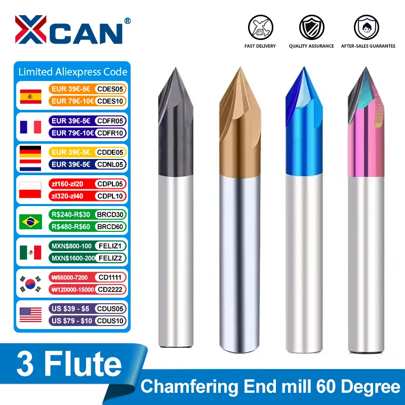 XCAN Milling Cutter Carbide Chamfering Mill 60/90/120 Degrees 3 Flute Router Bit Engraving Bit for Aluminum Copper CNC End Mill