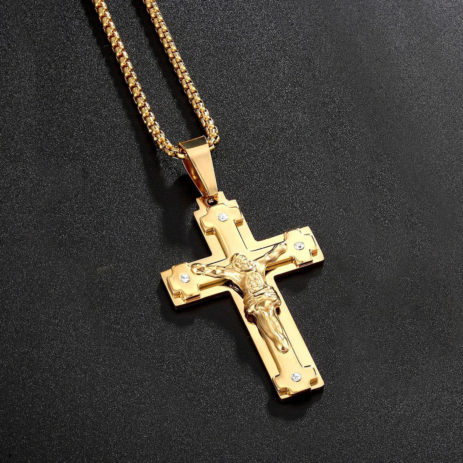 Big Jesus Christ Cross Pendant Dropshipping Gold Color Stainless Steel Christian Amulet Necklace for Men Religious Jewelry Gift