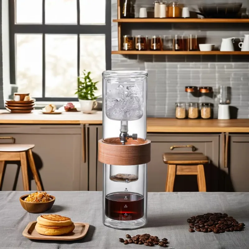 Capacity Wooden Ring Iced Coffee Pot Double Glass Cold Brewing Pot with Drip Filter