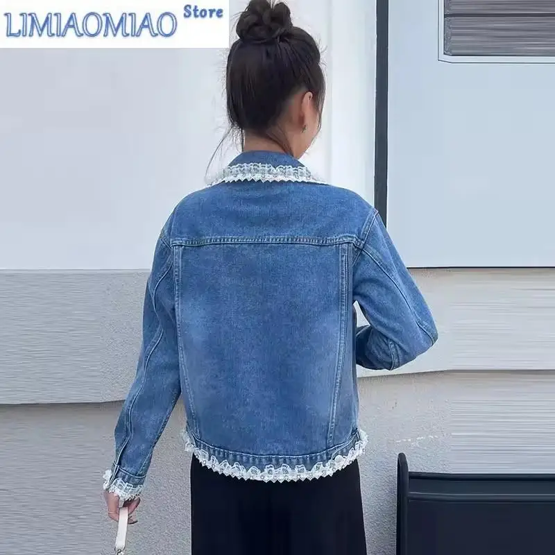 Spring Autumn Denim Jacket Women's New Design Sense Lace Stitching Cowboy Coat Ladies Loose Casual Short Jeans Outerwear