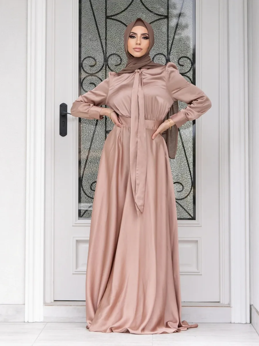 Imagem -05 - Modesto Dubai Abaya Hijab para Mulheres Robe Ramadã Islâmico Kaftan Feminino Vestidos Maxi Formais Moda Muçulmana Vestido Longo de Baile de Cetim