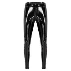 Mens Elastic Waist Zipper Crotch Trousers Wet Look Patent Leather Skinny Pants Clubwear Leggings