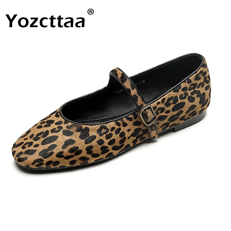 Yozcttaa Size 34-43 Real Leather Flats Shoes For Women Ballet Strap Shoes 2025 Spring Low Heels Casual Leopard Office Lady Dress