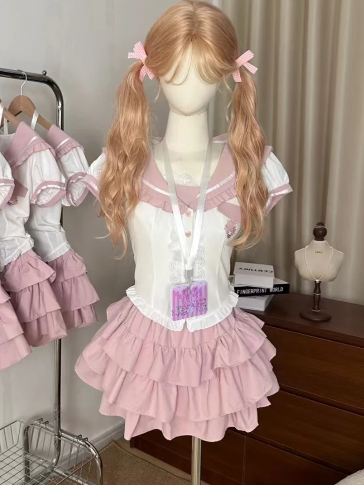 

Милый японский кавайный комплект из 2 предметов с короткими рукавами, женский дизайн, Лолита Хепберн, розовый костюм принцессы, модный кружевной кукольный воротник, наряды