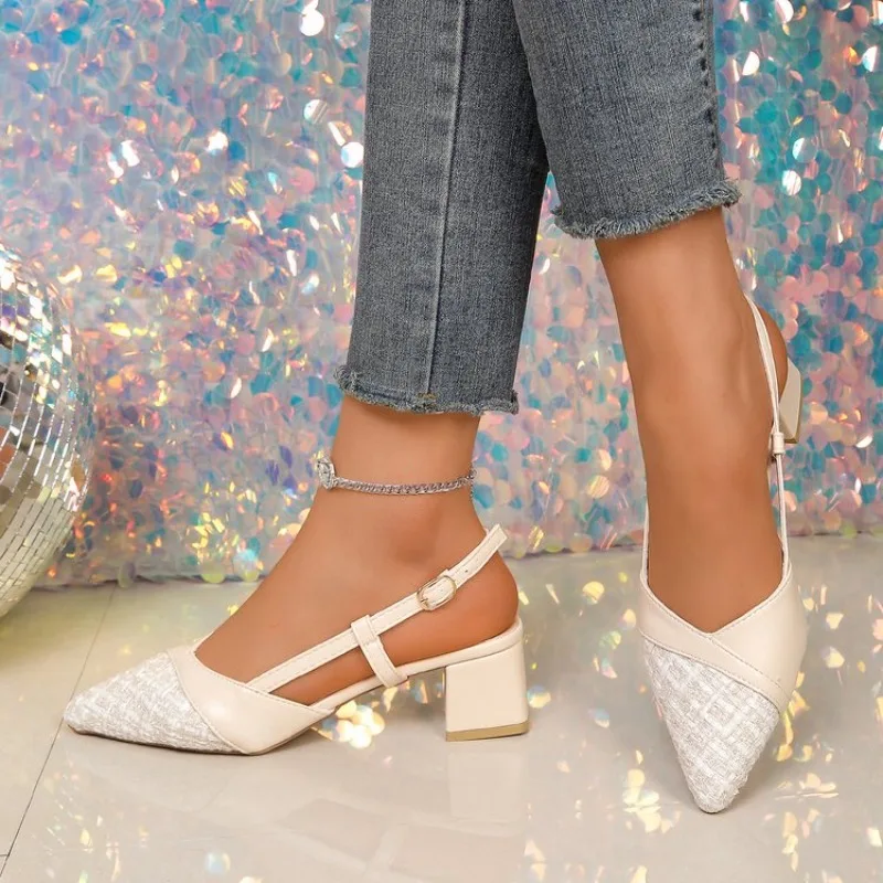 Women's Slingbacks Pointed Toe Block Heel Textured Upper Buckle Strap Pumps Casual Office Party Dress Footwear Items Collections