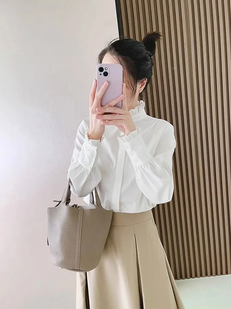 편안한 단색 초가을 디자인 나무 장식 캐주얼 롱 슬리브 여성 실크 탑 패셔너블한 접이식...