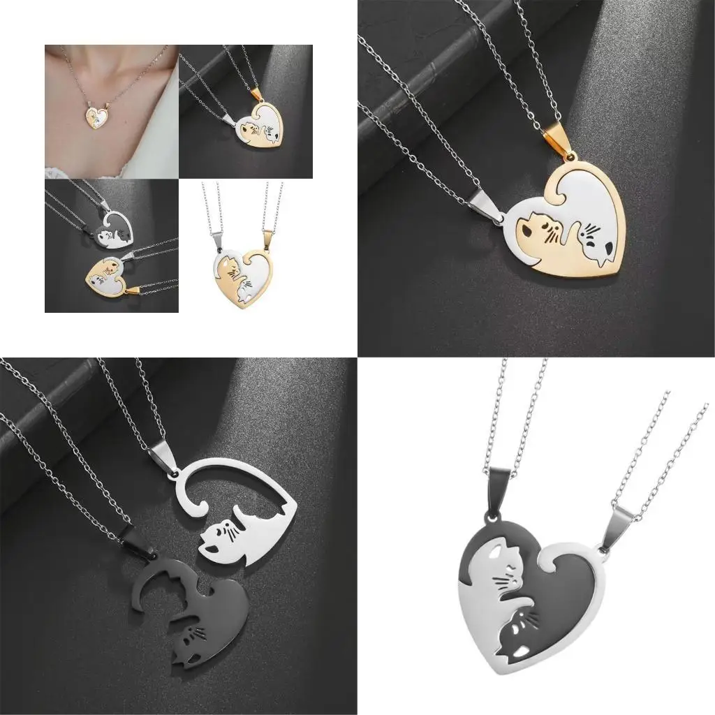 

652F Matching Love Kitten Pendant Necklace Steel Couple Jewelry Neckchain for Everyday Wear Special Occasion