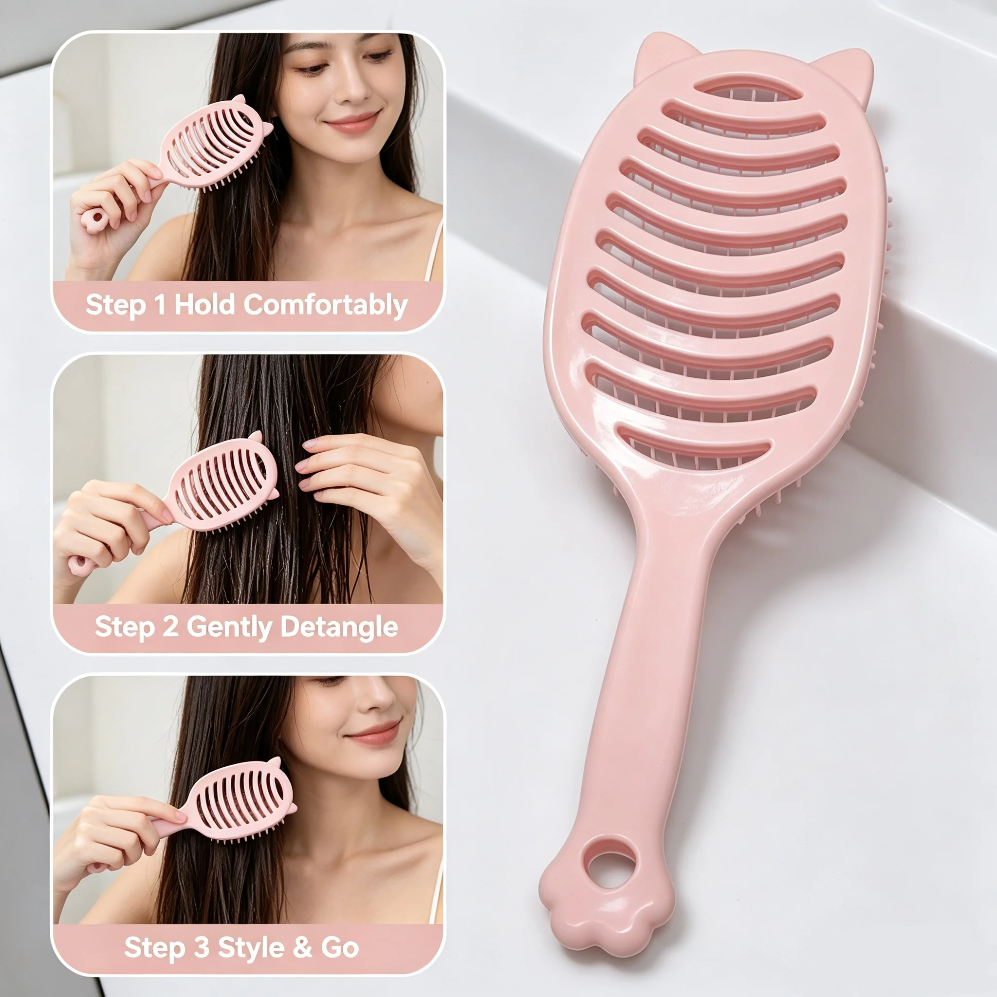 Cat-ear perforated massage comb. Breathable, loosens knots, suitable for both dry and wet use. Cute hair styling comb.