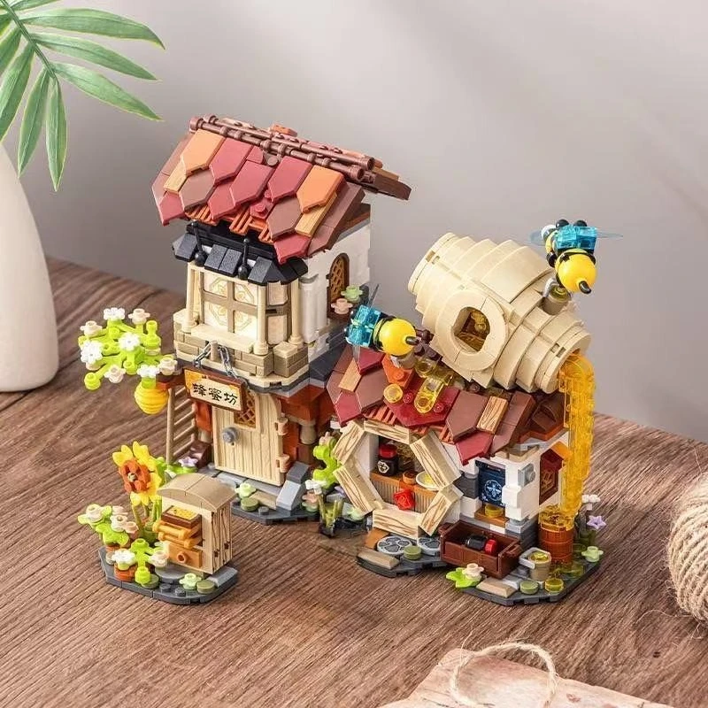 

Creative Mini Street View Bee Shop Building Block Chinese Folding Pork Shop Assembly Bricks Toys Piglet Folding House Kids Gifts