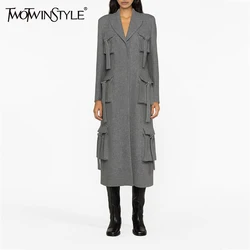 TWOTWINSTYLE Solid Designer Trench per donna colletto dentellato manica lunga Patchwork monopetto Casual Trench stile femminile