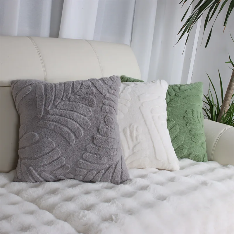 1pc Rabbit Fur Jacquard Leaves Home Accessories Living Room SofaBedroom Contemporary Style Geometric Zipper Pillow Case Does