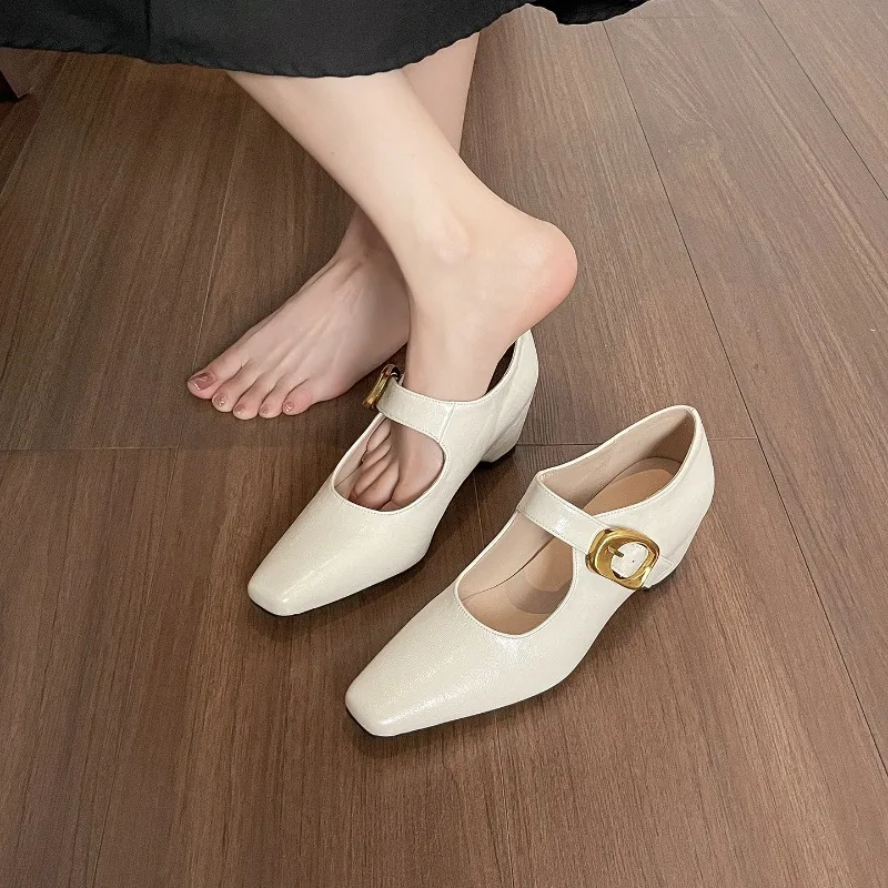 Minimalist Retro Metal One-word Buckle Sandals Women's Summer Advanced Inner Height Increase Mary Jane Shoes French Single Shoes